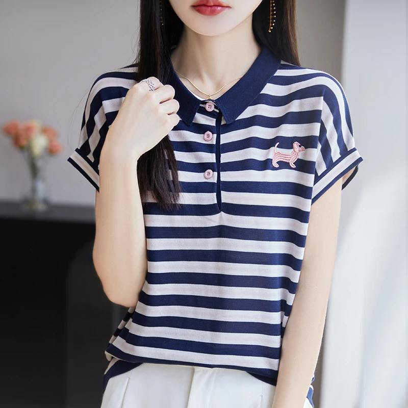 夏季新款条纹高端短袖女薄款针织半袖宽松ol刺绣T恤女士女款上衣
