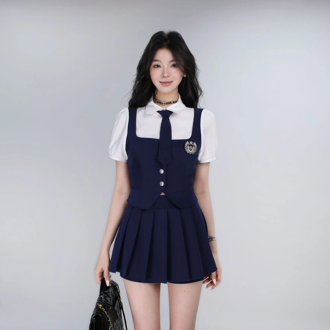 【千金英伦】夏季假两件设计拼接学院风气质短袖显瘦女套装