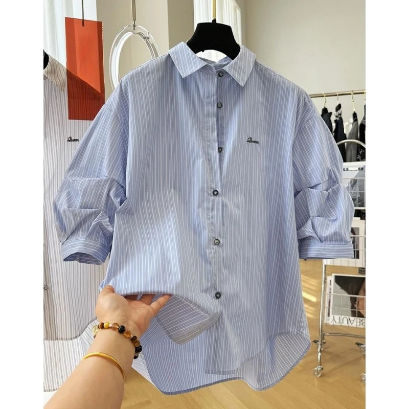 6571设计感独特别致超好看韩系条纹短袖衬衫女夏季气质法式小衫