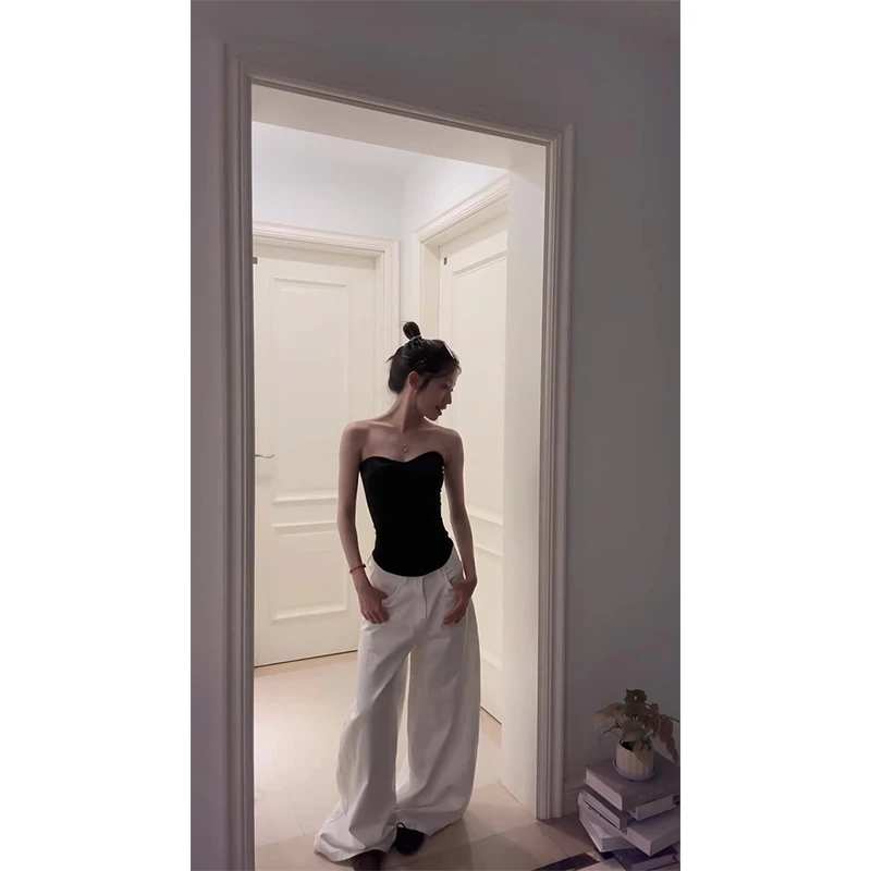 2025夏季新款辣妹性感抹胸背心纯色上衣百搭显瘦直筒休闲阔腿裤