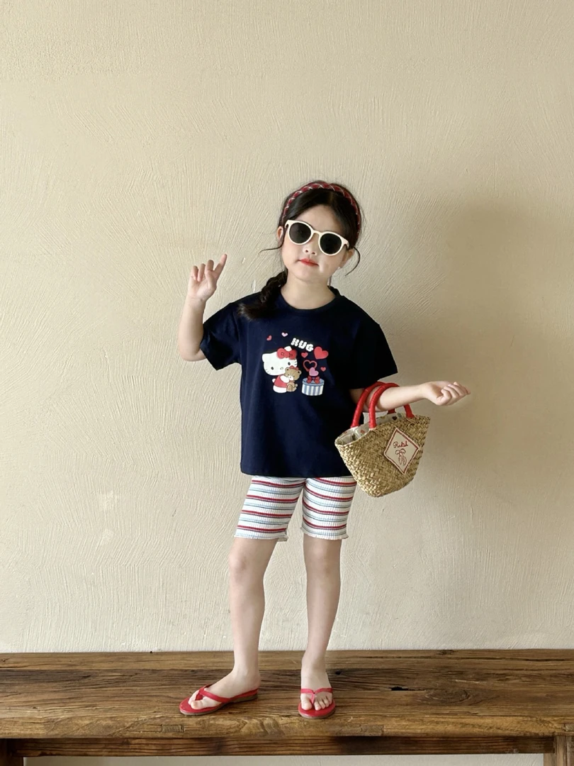 女童可爱套装2025夏季新款儿童哈喽kt短袖中小童百搭裤子两件套