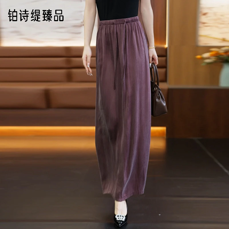 铜氨丝垂顺半身裙女2025新款夏季薄款高腰显瘦后开叉中长款a字裙