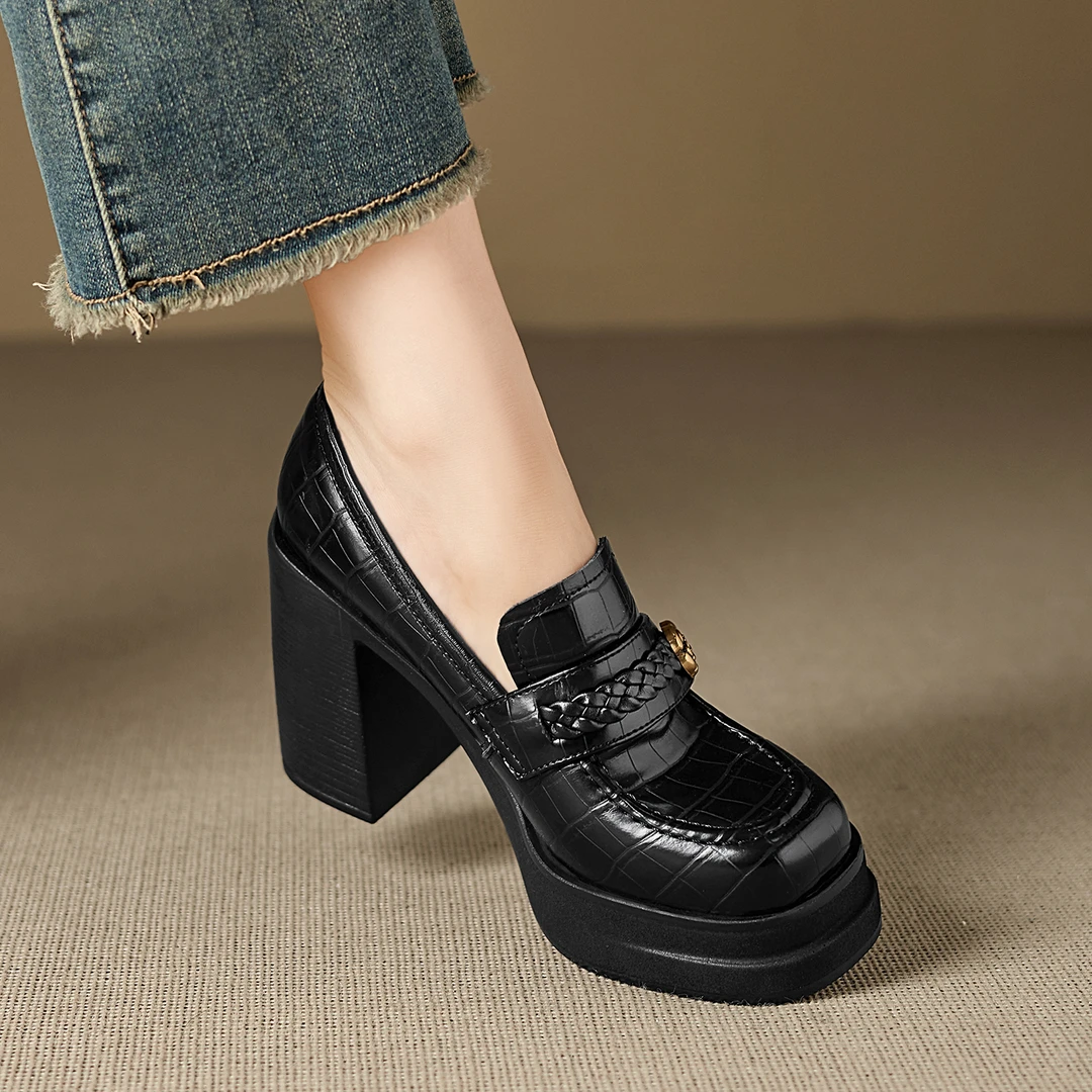 10cm小个子厚底粗跟单鞋新款防水台高跟鞋一脚蹬复古乐福鞋真皮鞋