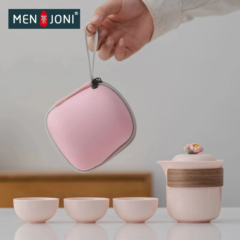 Men&Joni粉色手捏花快客杯女生礼物一壶三杯户外旅行茶具泡茶器防