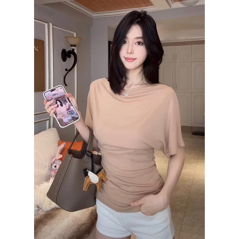 【紫咖双姝】氛围感斜肩收腰T恤慵懒随性气质显瘦百搭时髦女上衣