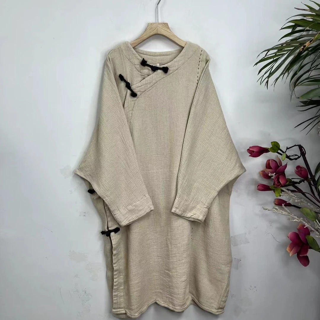 花璟原创设计复古斜襟撞色盘扣连衣裙（衣长106胸围不限）