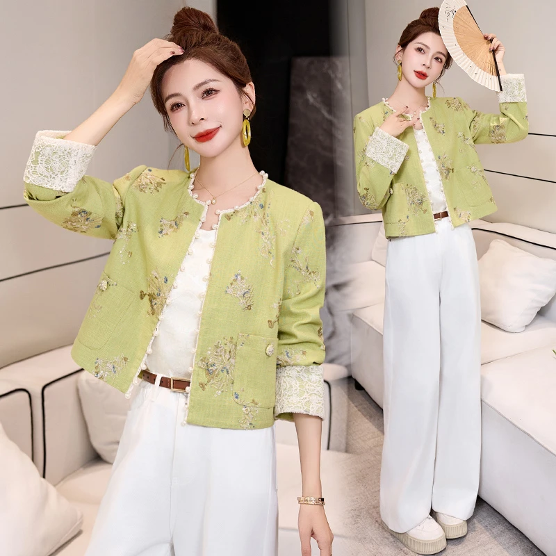 小个子新中式国风复古洋气减龄蕾丝拼接高级感刺绣短款外套春季