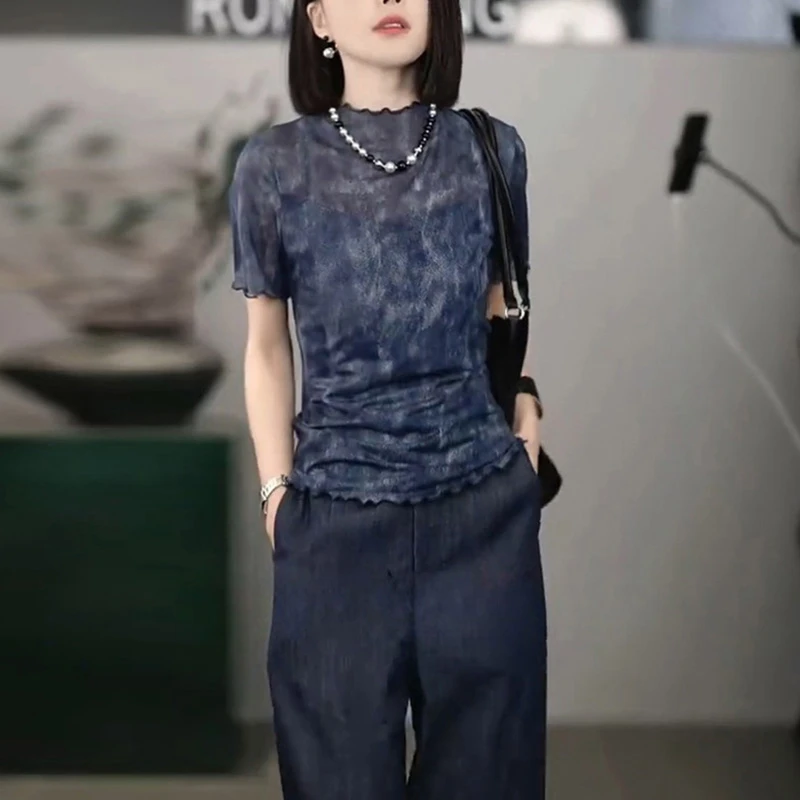 设计感晕染花边圆领短袖T恤女夏季新款网纱漂亮独特小衫气质上衣