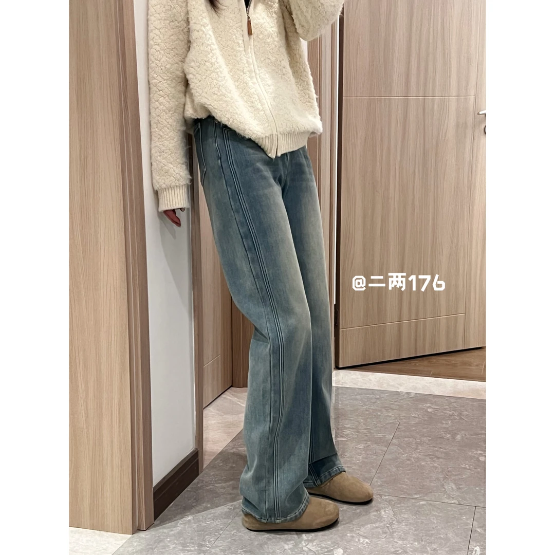 复古牛仔裤女直筒高腰秋冬加绒加厚百搭时尚显高显瘦长裤子W25963