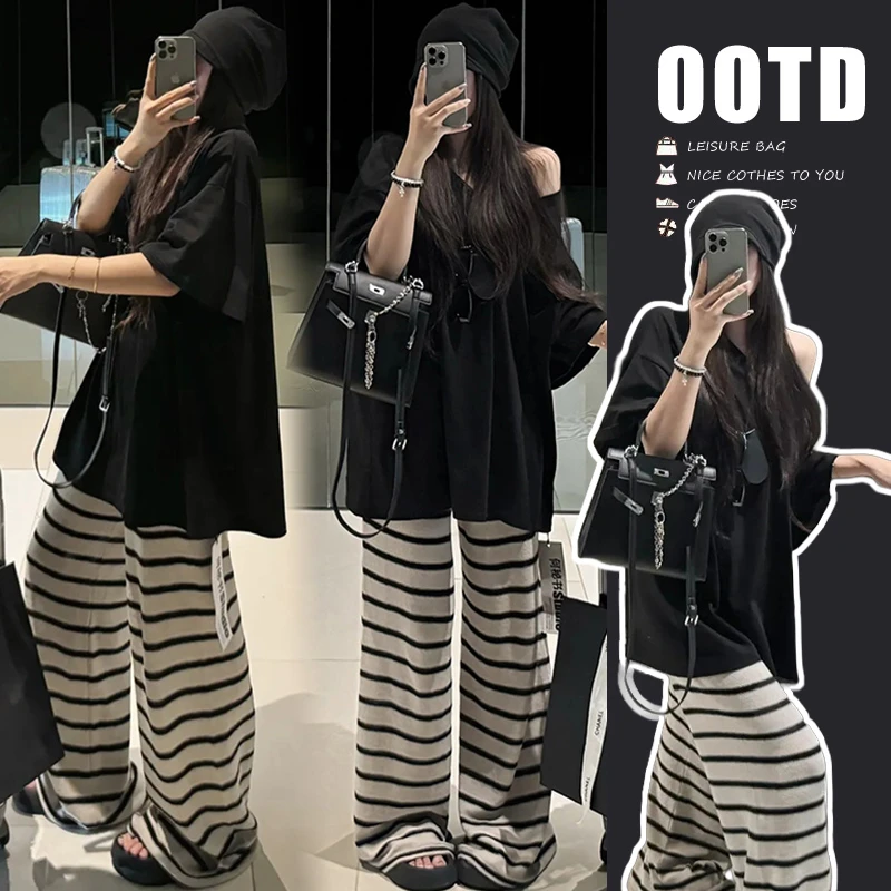 2025春夏新款宽松大码外穿短袖上衣女休闲时髦条纹阔腿裤孕妇套装