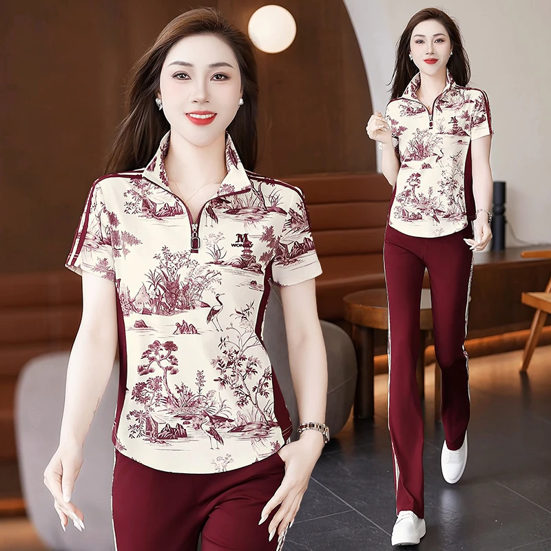 花色运动套装女夏季2025新款时尚休闲减龄显瘦洋气妈妈短袖两件套