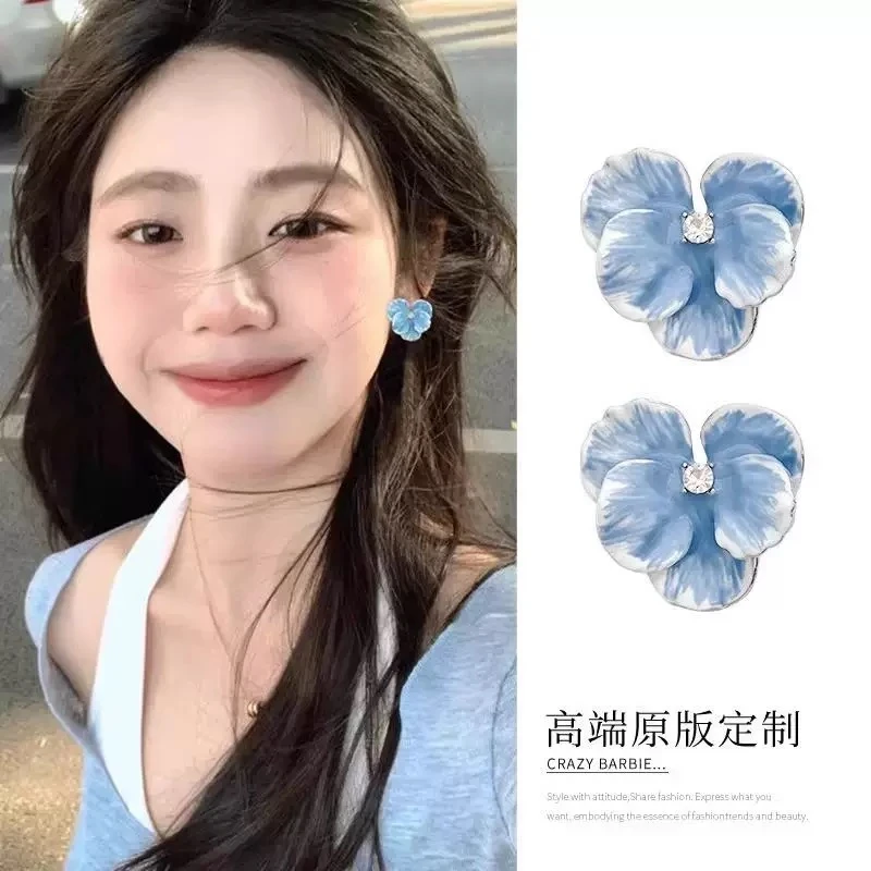 蓝色滴釉花朵耳钉时尚气质耳饰ins小饰品耳环2025新款爆款高级感