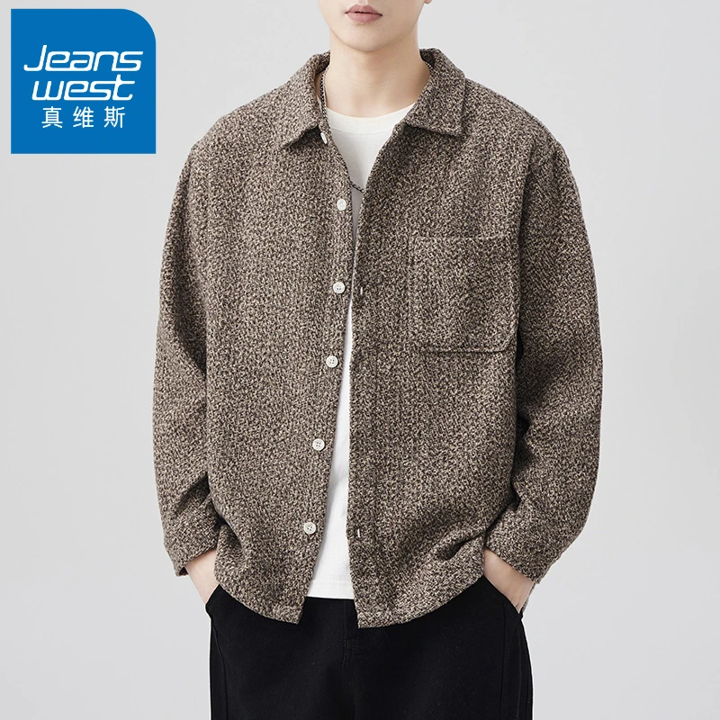 Jeanswest/真维斯新款四季通用宽松复古男士针织衬衫休闲轻奢