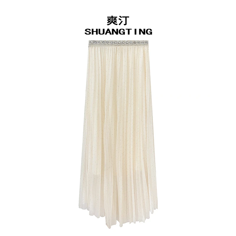 Jokara/丘可儿【‌玉簪星】法式甜美重工钉珠镶钻气质百褶网纱半身裙