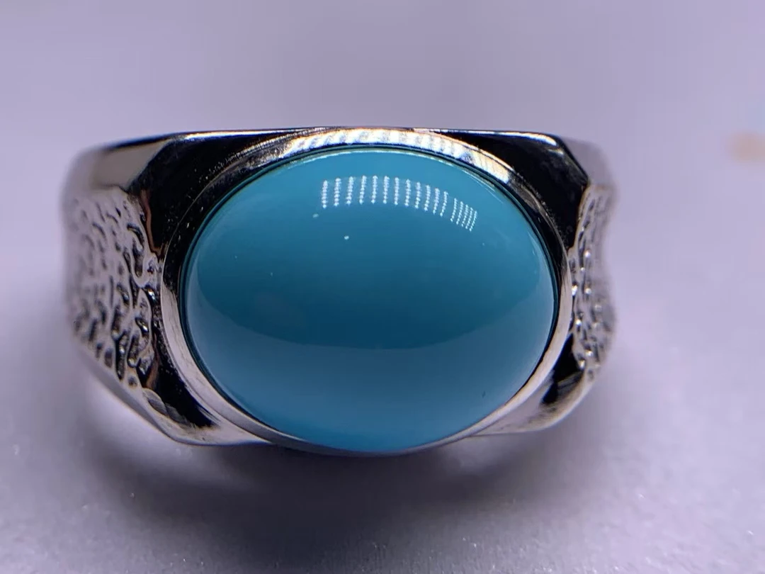 湖北十堰天然原矿绿松石高瓷蓝戒指男戒女戒情侣款925银镶嵌