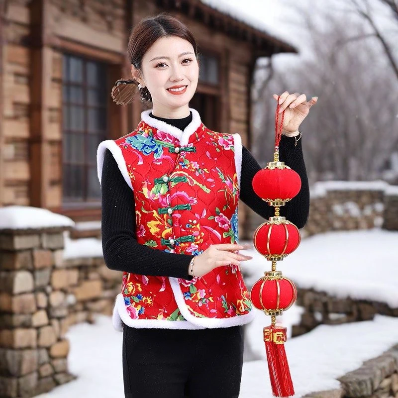 新款马甲东北中国大花民族唐装妈妈女装棉袄加厚盘扣坎肩加绒保暖
