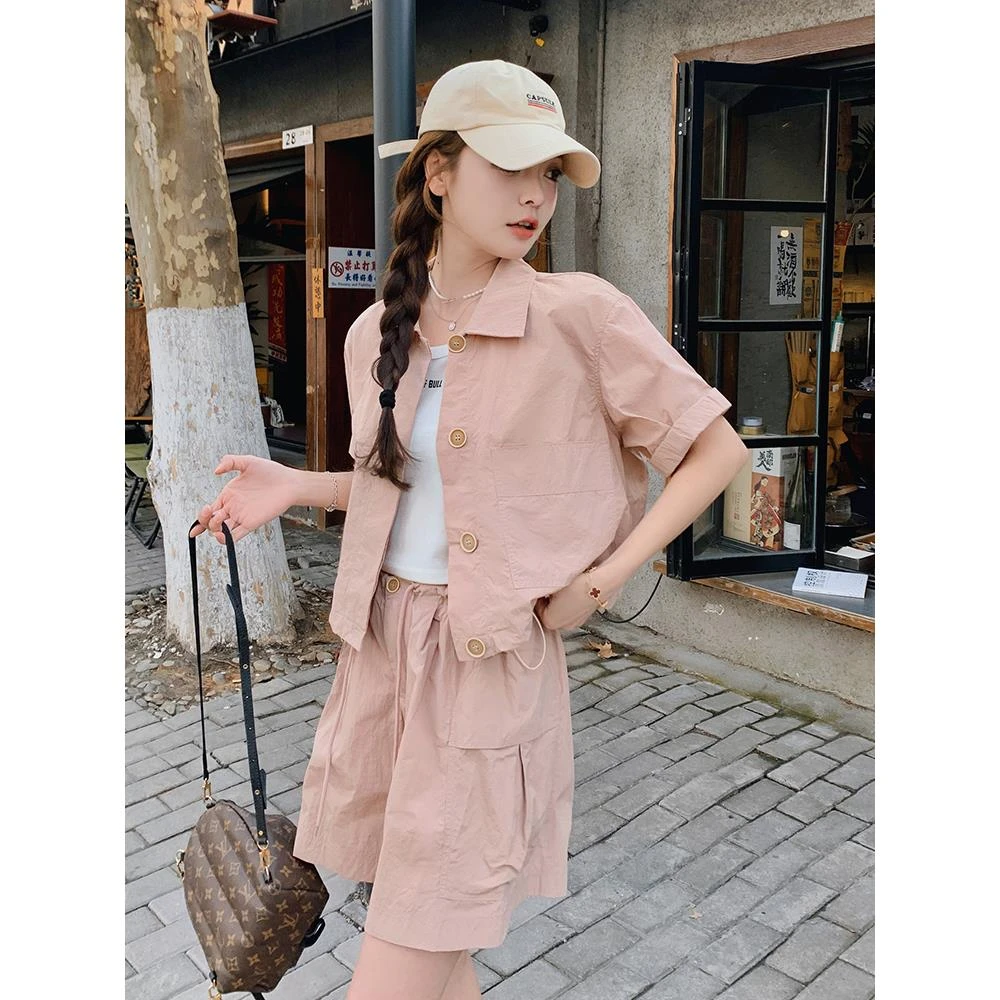 粉色工装休闲短袖短裤上衣套装两件套女夏休闲减龄小个子俏皮活泼