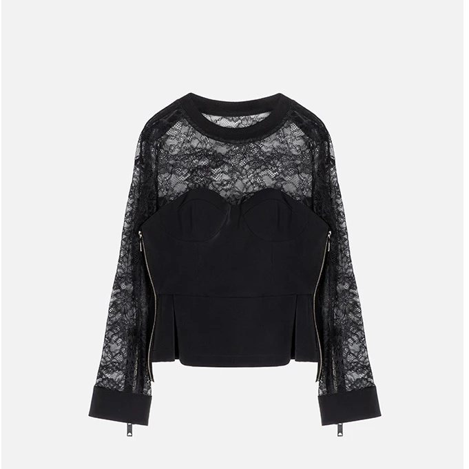 【B99官方旗舰店】女装时尚长袖拼接镂空蕾丝小衫WFSCA23027百搭