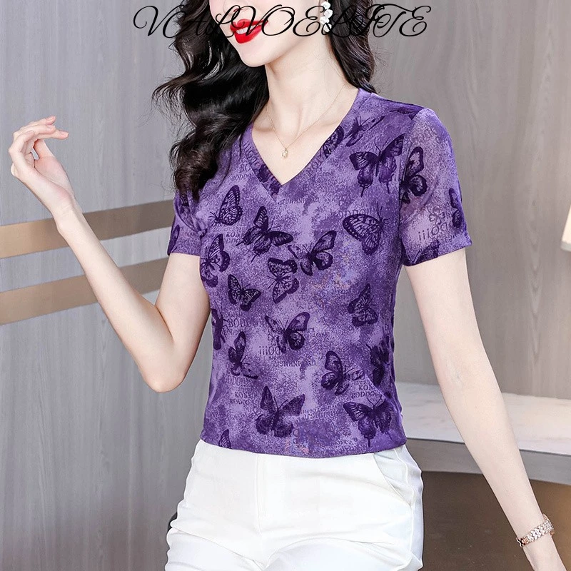 V领网纱T恤女士夏装2025新款打底衫高端洋气紫色印花小衫蕾丝短袖