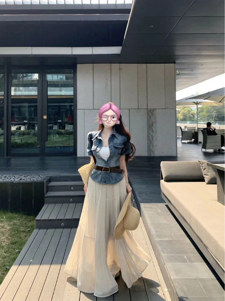 大码超火独特夏日绝美漂亮小香风ootd大方得体穿搭牛仔一整套装裙