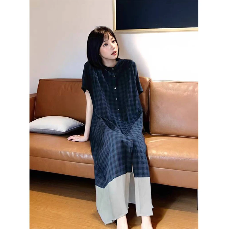 胖mm设计拼接格子连衣裙2025新款休闲松驰感短袖圆领衬衫裙子女夏