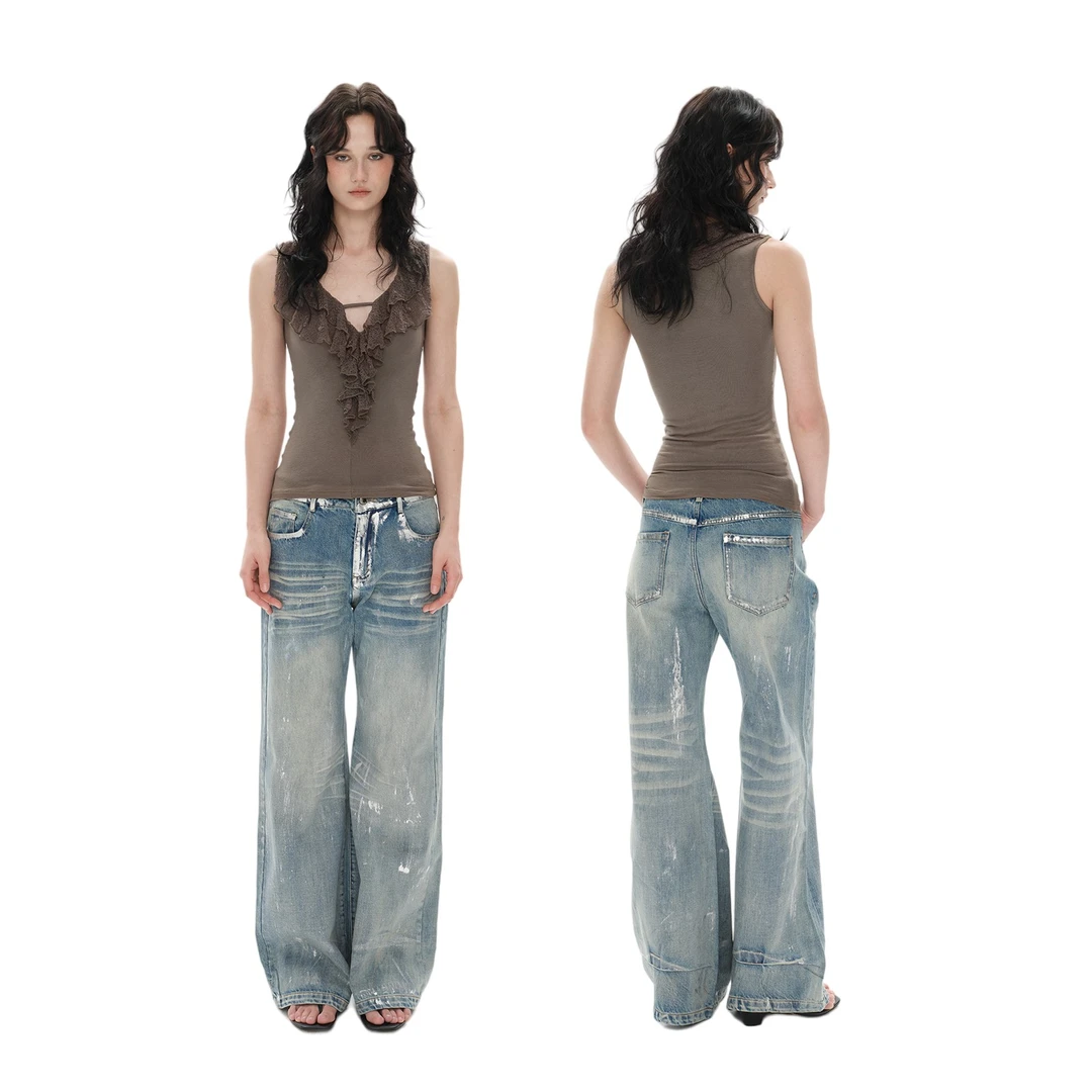 Goosfir 原创设计夏季新款美式复古小众猫须直筒牛仔裤微喇叭长裤