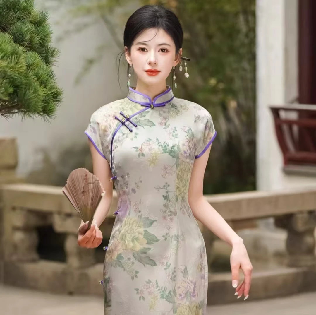 苏州高端【茉颜】斜襟复古风长裙日常花色无袖旗袍荷叶裙春日慢人风