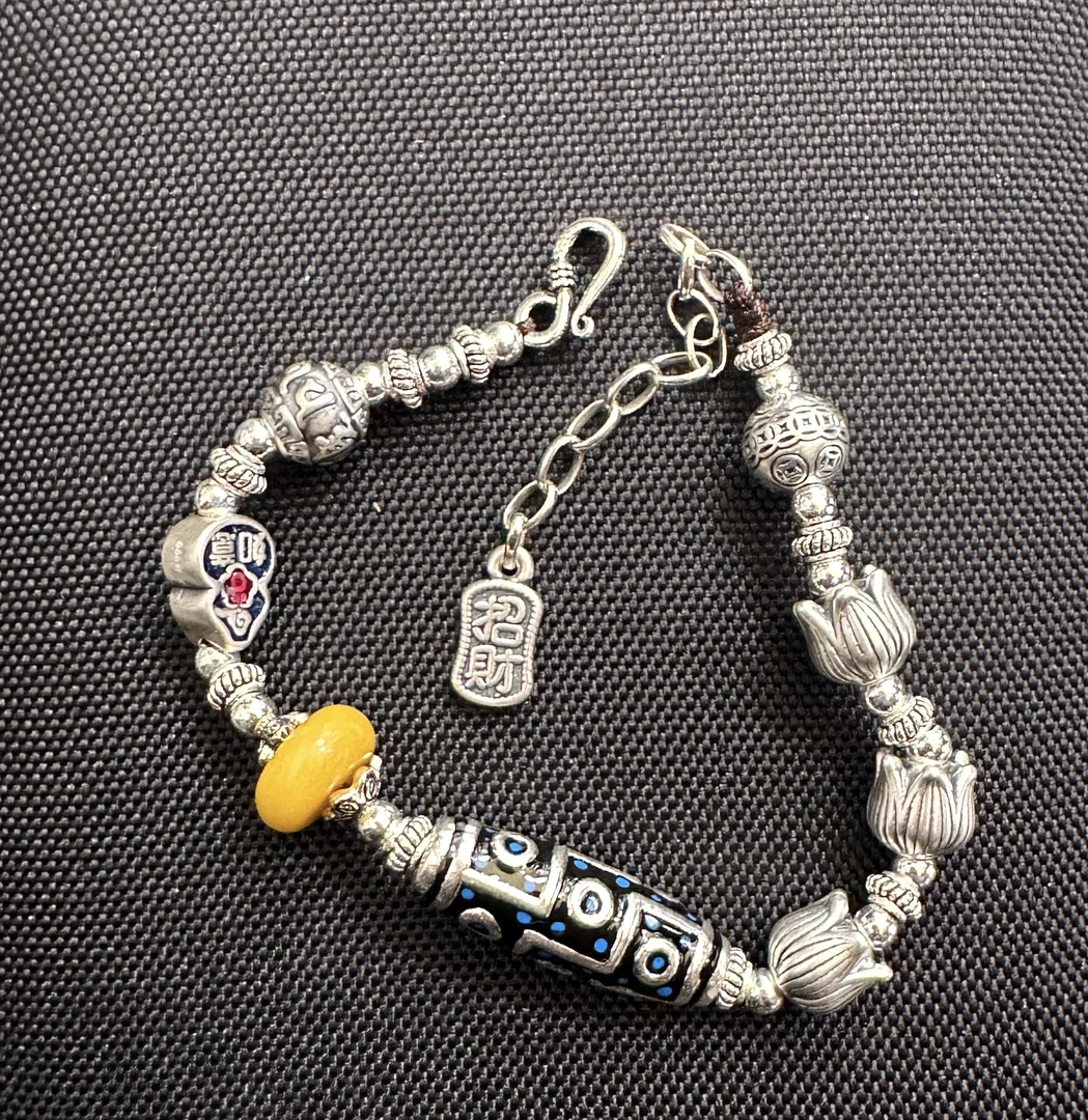 925银手链 原创设计 通体纯银九眼银珠如意莲苞手链