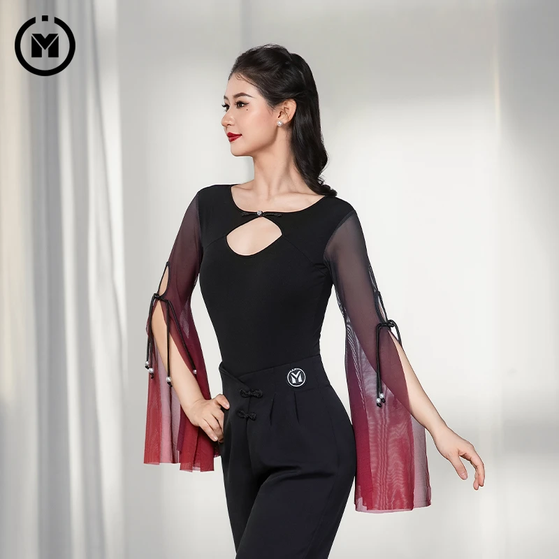 IAMYC&HCdance 摩登舞喇叭袖形体练功交谊舞服装女连体上衣B10133