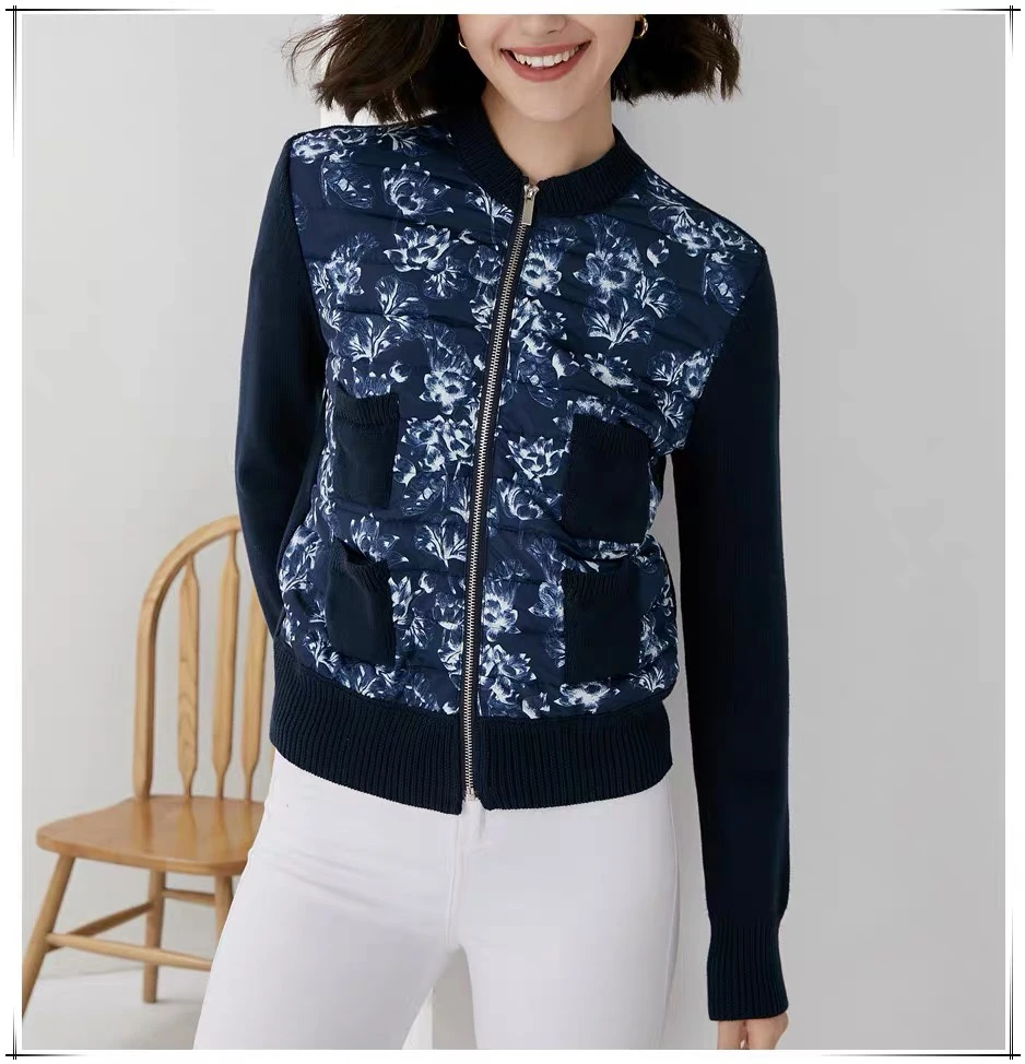 羊毛针织袖拼接花卉印花立领棉服夹克上衣休闲秋冬时尚