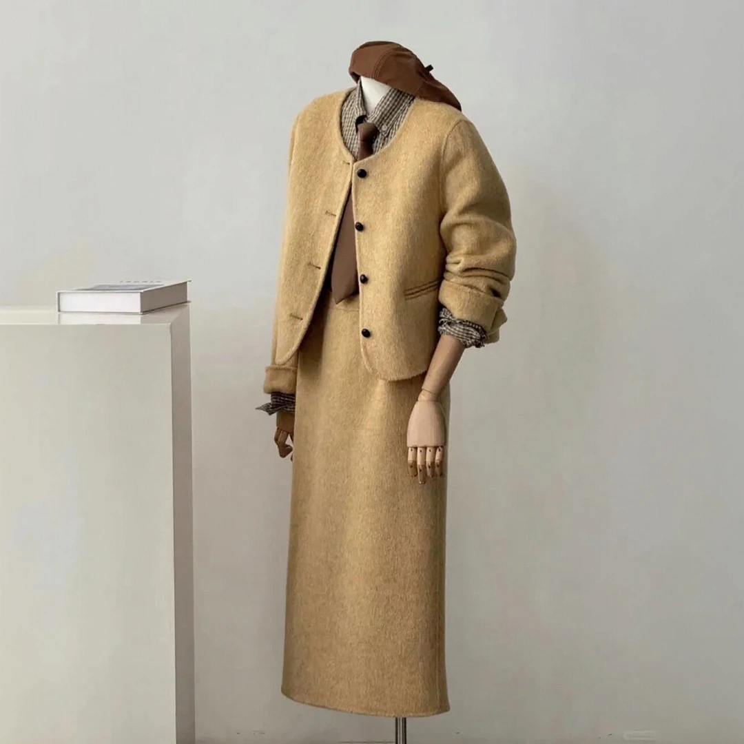 F0116+F0117+F0118韩系高级感格子衬衫毛呢外套半身裙气质三件套