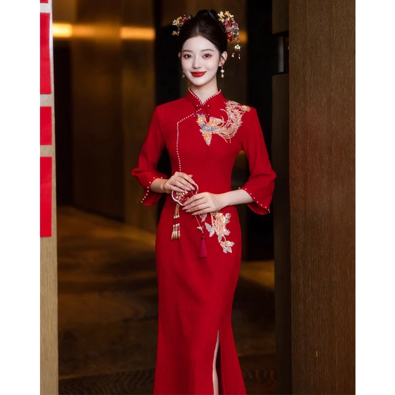 哥弟阿玛施正品敬酒服新娘高级感红色结婚鱼尾旗袍订婚礼服新中式