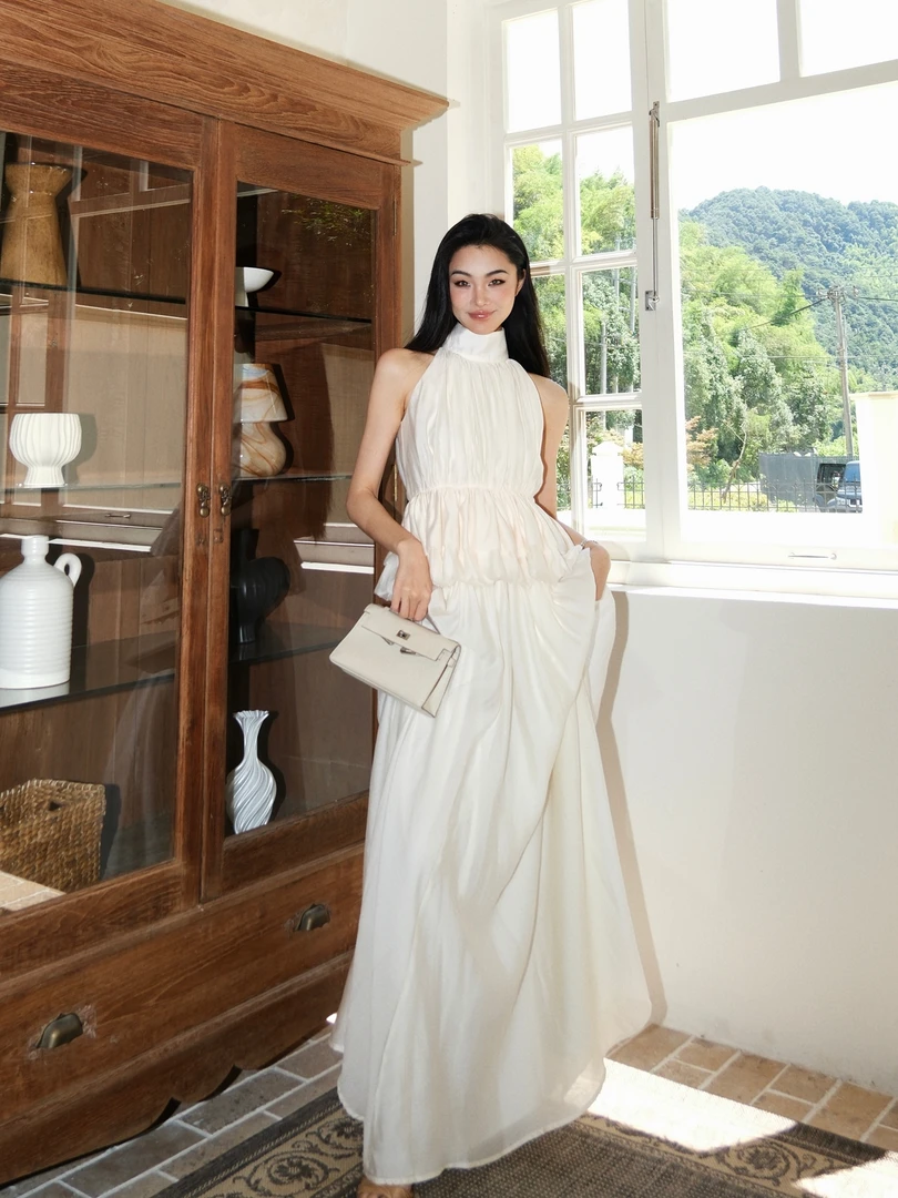 【木兰晚香】韩系高级感无袖上衣褶皱半身裙套装度假长裙女夏季新款