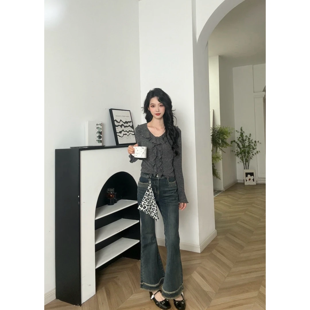 IEF/爱依服2025新款秋冬季时尚百搭修身流苏风喇叭裤