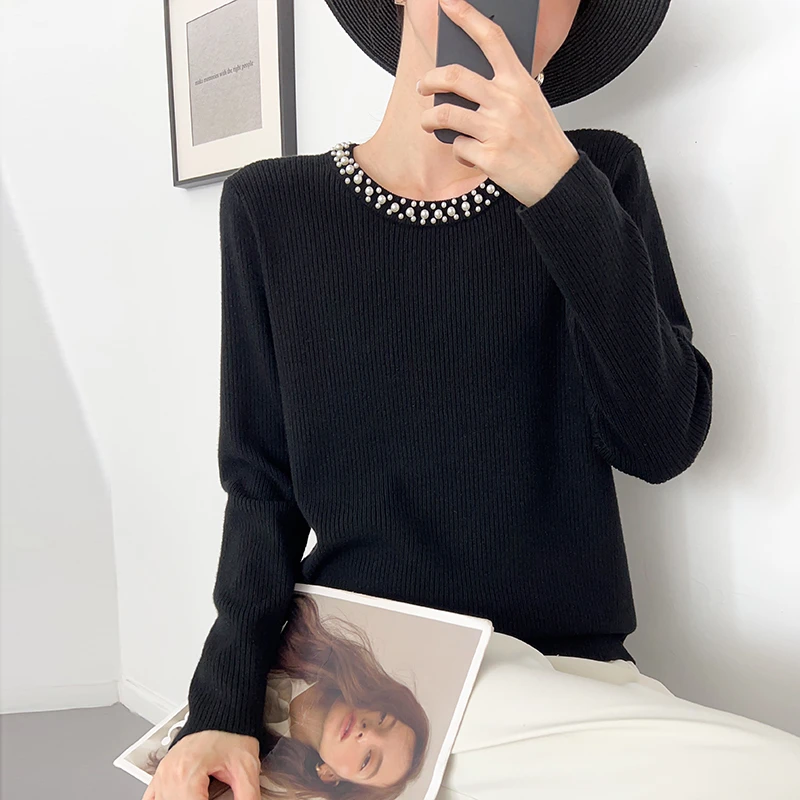 3522大码女装2025秋季新款时尚百搭针织长袖宽松设计感钉珠上衣女