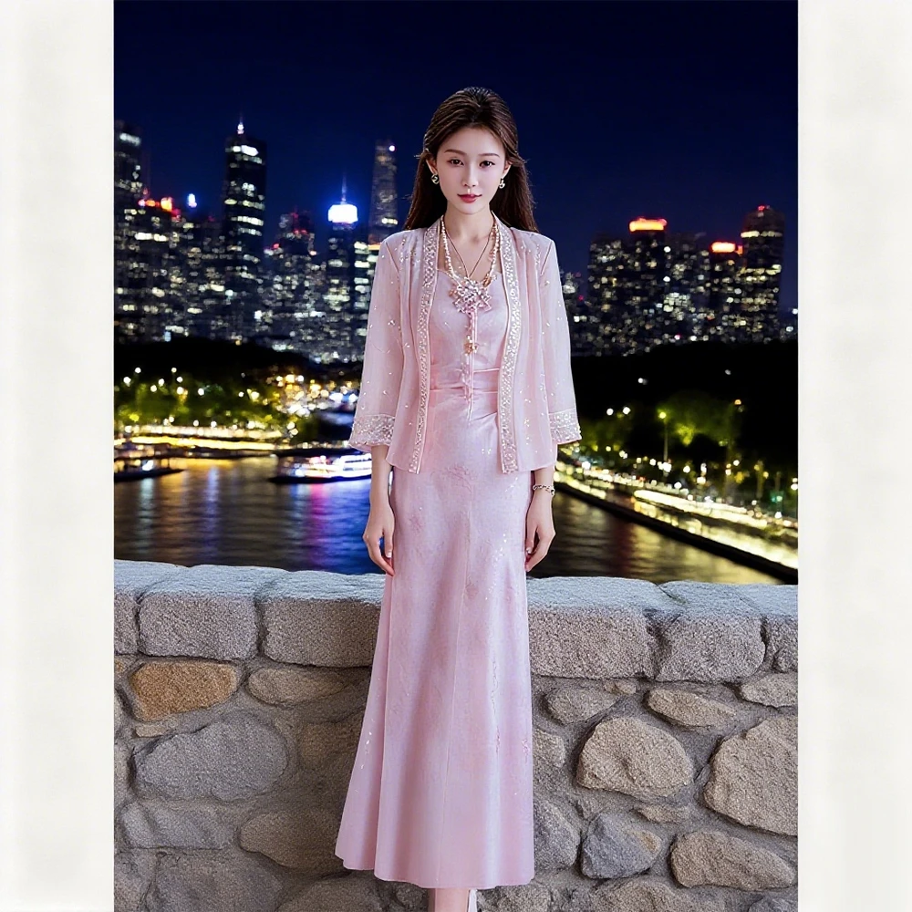 新中式粉色重工设计感吊带裙开衫套装初秋新款女装两件套装