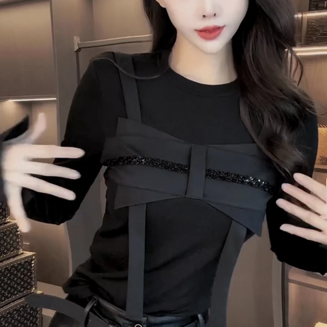 拼色赫本风秋季显瘦收腰长袖修身小众秋冬泡泡袖T恤宽松型