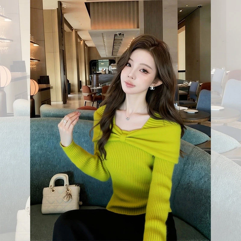 独特漂亮内搭绿色扭结小衫一字肩毛衣女装秋冬洋气高贵针织衫上衣
