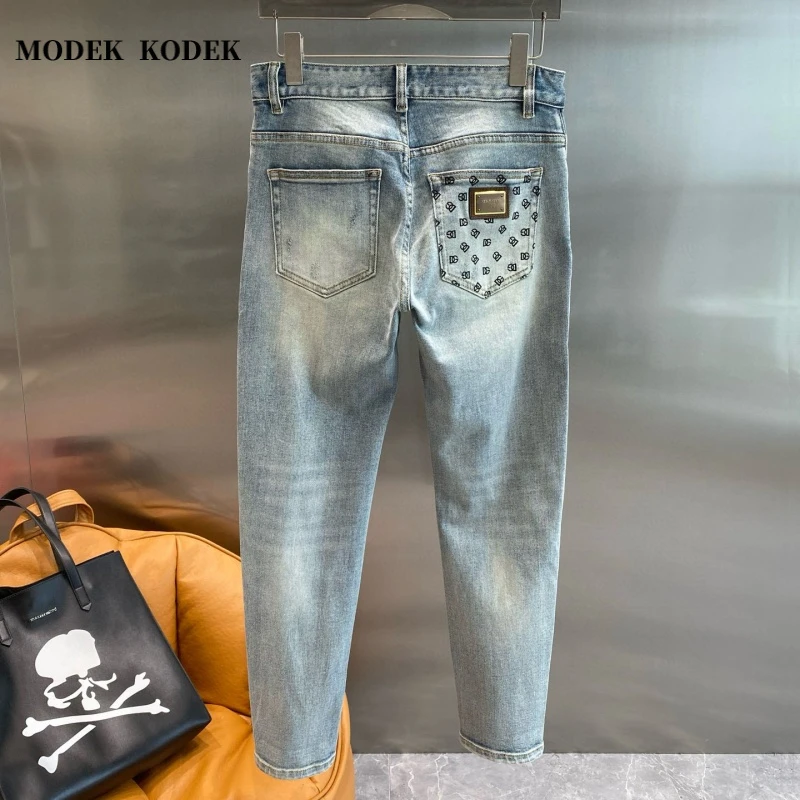 MODEK KODEK高品质潮牌男士浅色水洗长裤春夏新款修身小脚牛仔裤