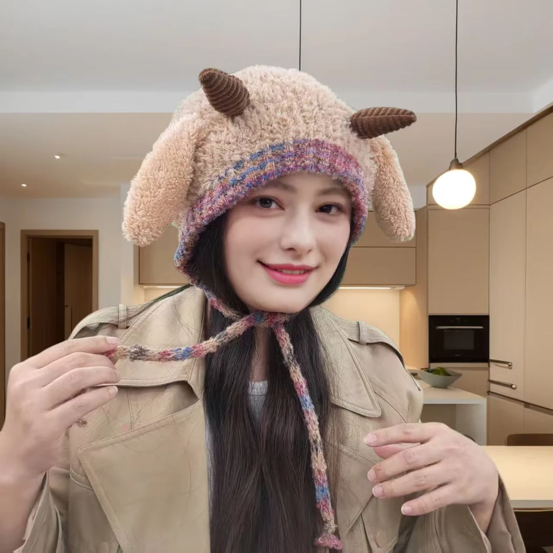 韩版保暖针织帽加绒加厚冬季帽子毛绒冬天帽子女款冬天网红款帽子