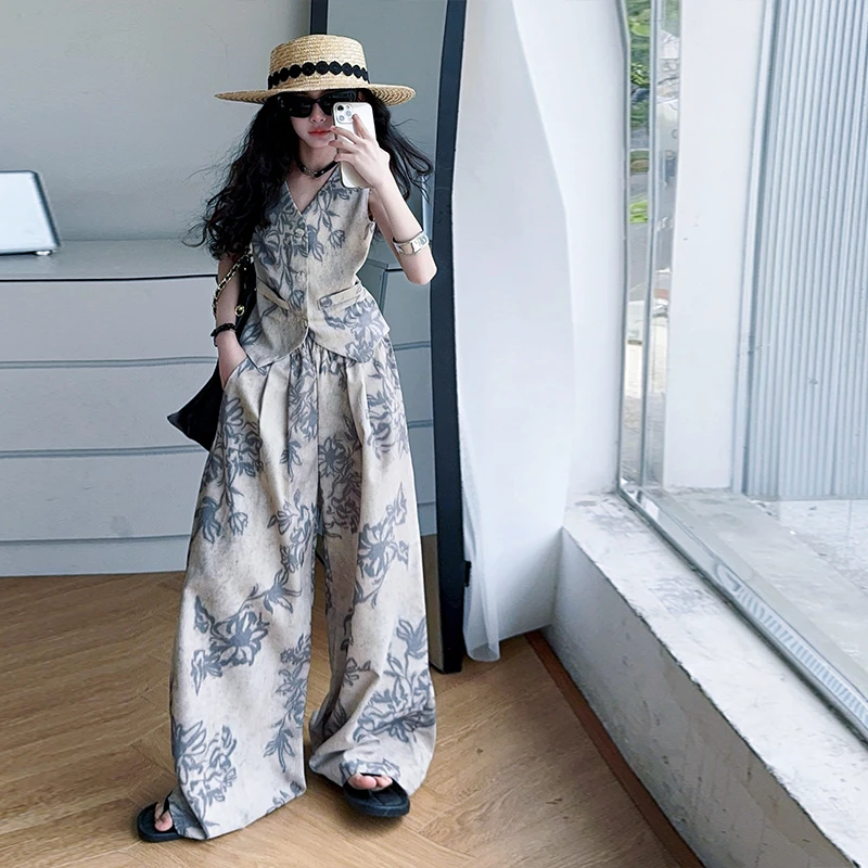 女童夏装套装2025新款儿童洋气国风无袖印花女大童夏季休闲两件套