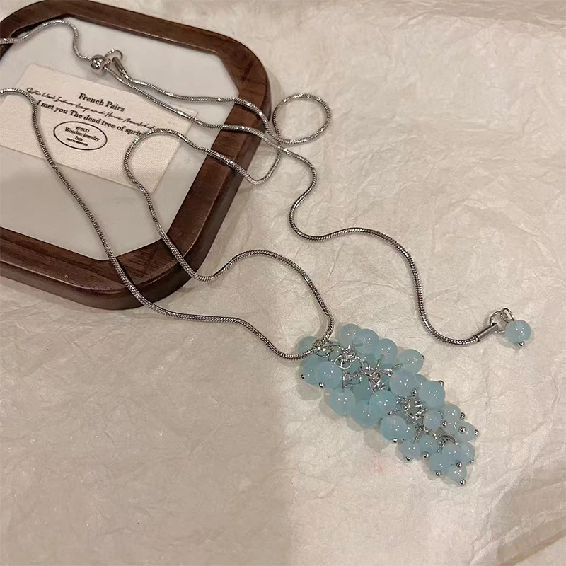 钛钢项链 蓝色葡萄串珠毛衣链秋冬长款日常百搭高级感锁骨链7150