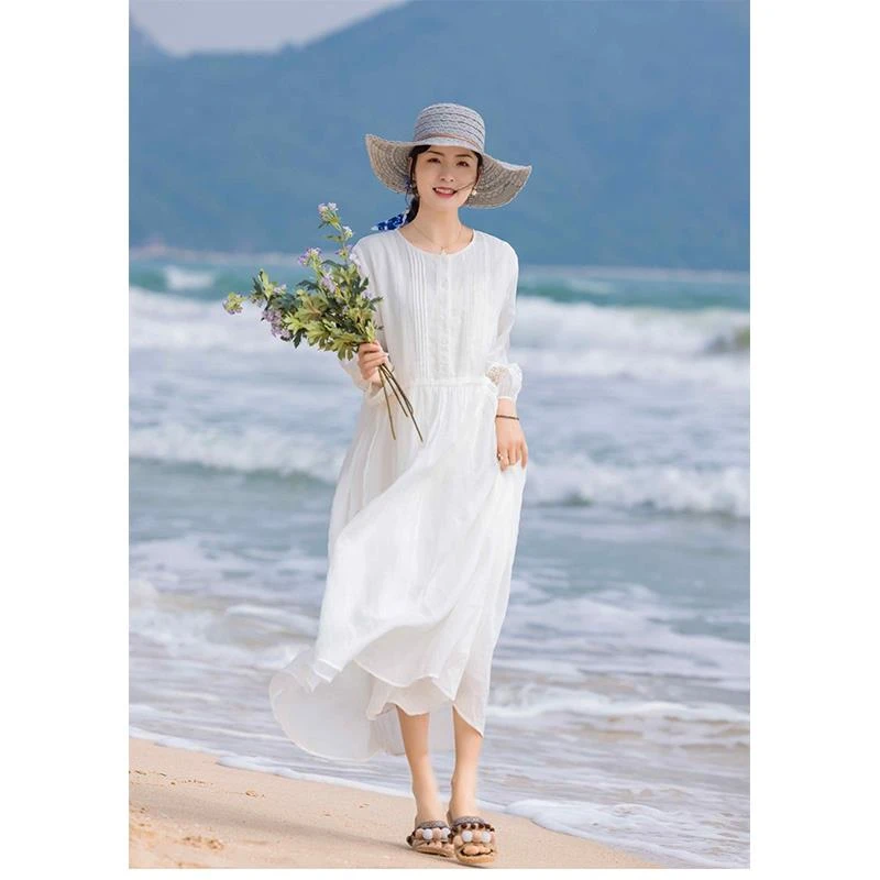 COS MOCO UR文艺气质棉麻白色连衣裙女夏季宽松轻薄飘逸大摆双