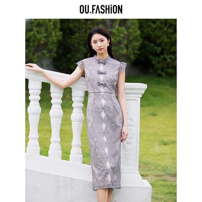OU.FASHION/欧点复古新中式改良旗袍款蕾丝背心连衣裙1122420585