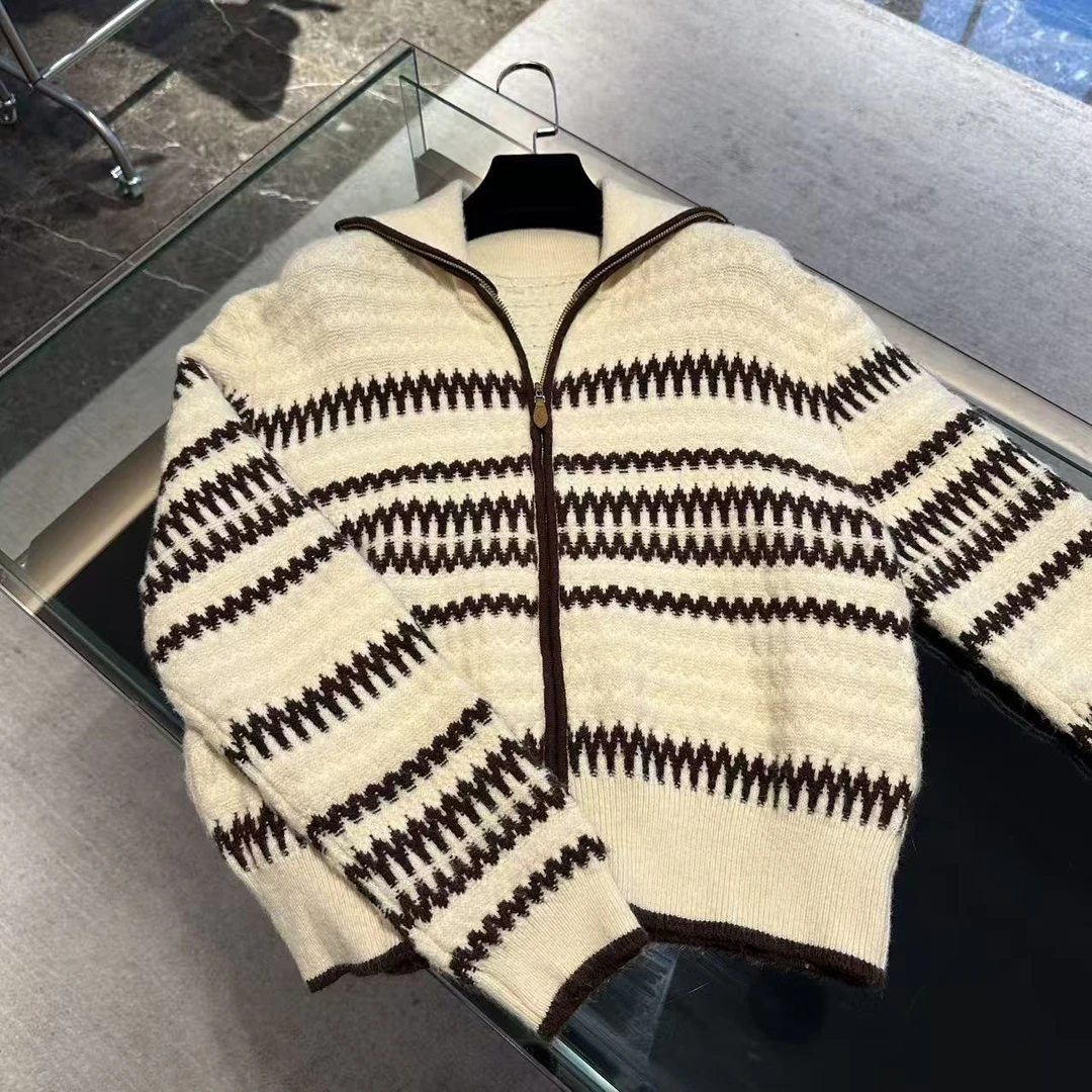 复古提花软糯针织拉链毛衣外套 J000059