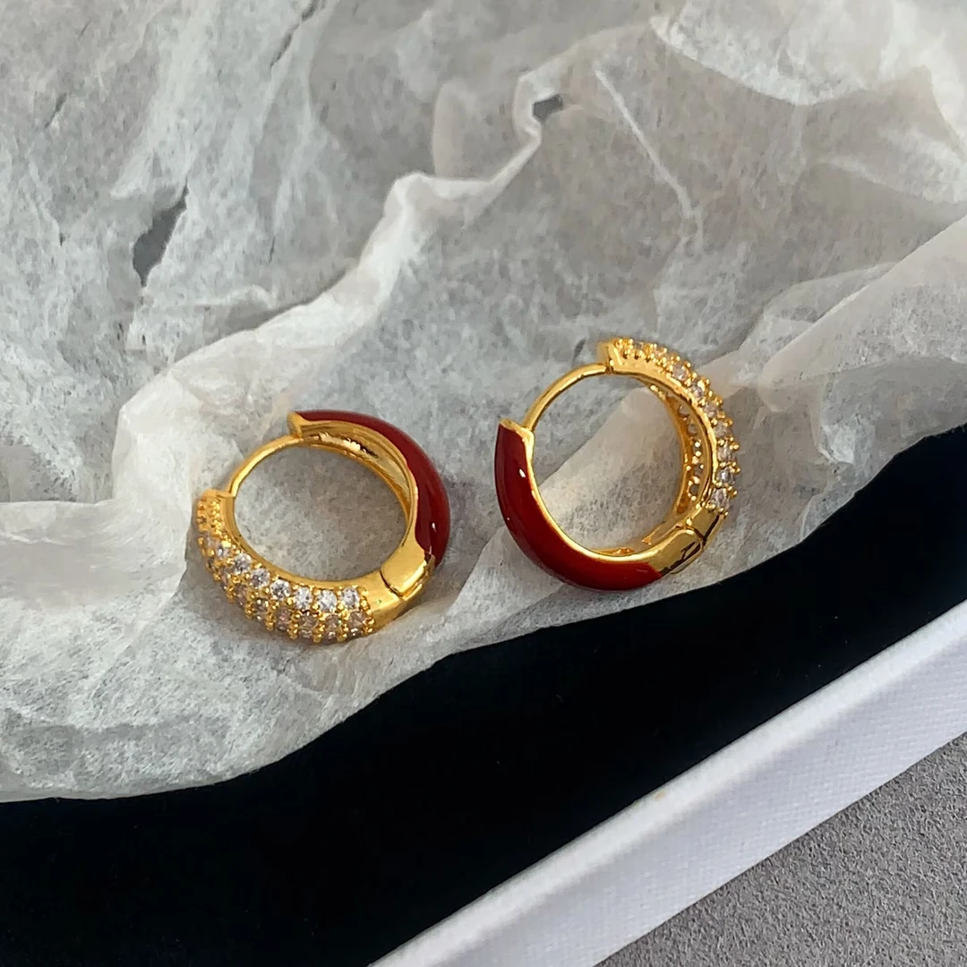 铜合金耳饰 安可拉红复古耳圈轻奢气质圈圈拼接耳环B2-001