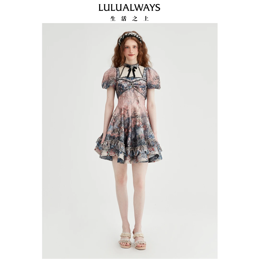 LULUALWAYS【商场同款】25夏季新款甜美温婉公主印花泡泡袖连衣裙