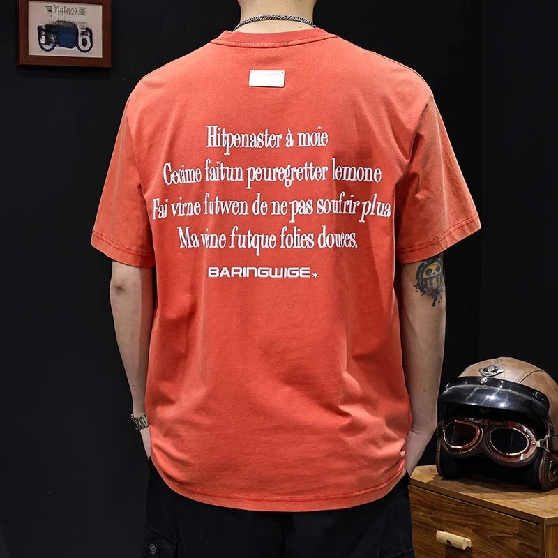 美式复古水洗印花短袖t恤男潮夏季2025新款宽松衣服高端重磅体恤