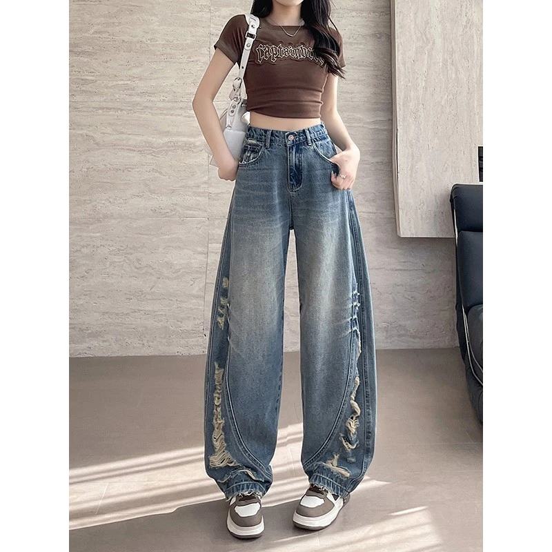 弯刀牛仔裤女春夏季2025新款高腰宽松重工破洞设计感香蕉阔腿裤