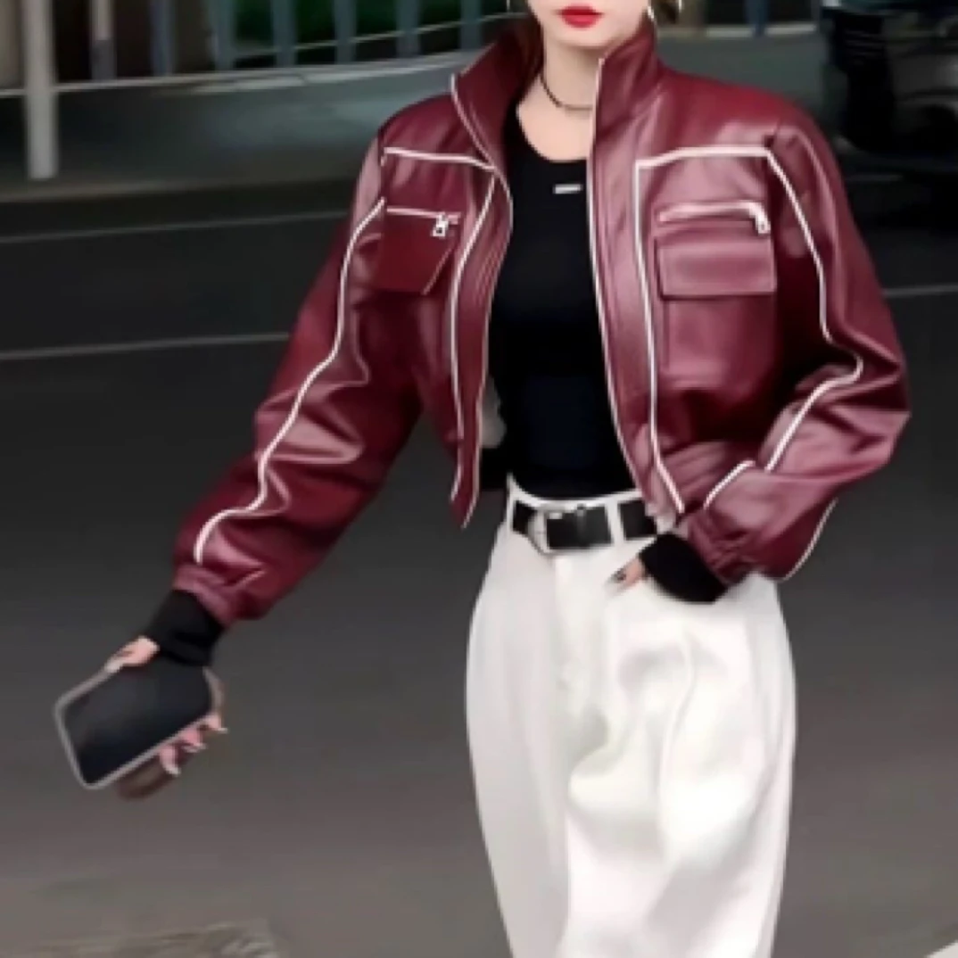 网红同款撞色线条工装立体口袋飞行PU皮衣外套女机车服春秋季新款